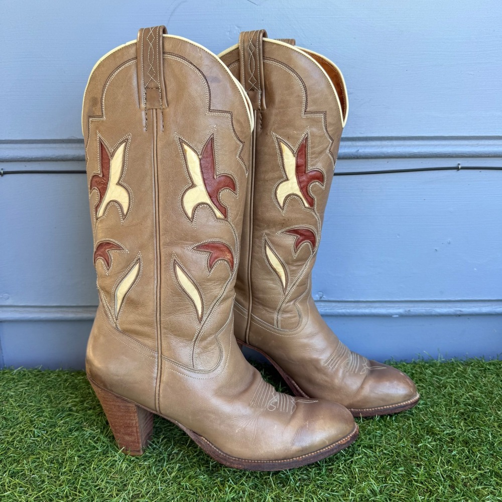 Vtg 80s Dan Post Leather Western Flower Cowboy Boots Womens 7 M Inlay Block Heel - Picture 4 of 11
